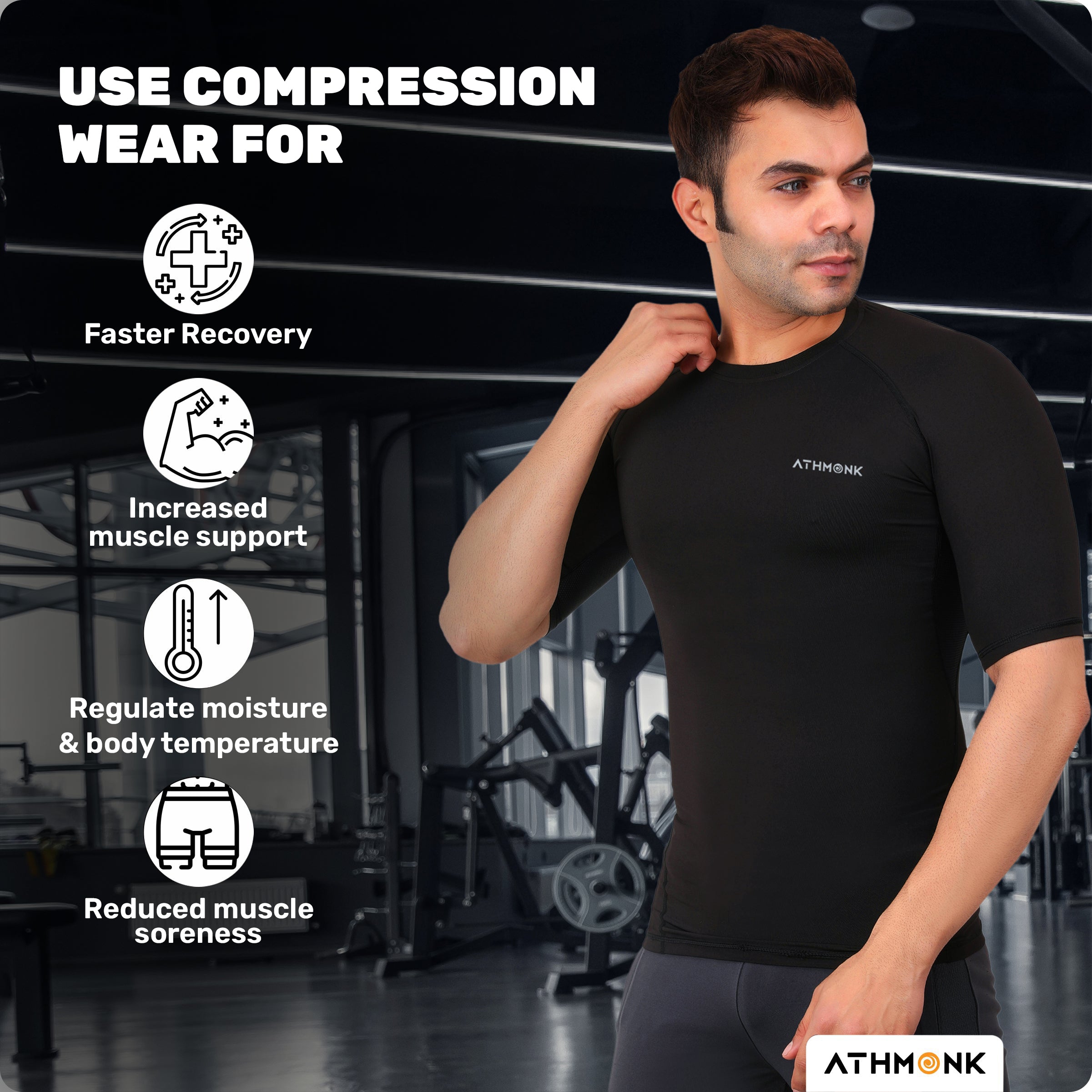 Athmonk Compression T-Shirt Vest Body Shaper Half Sleeve for Men Boys Branded - Nylon Lycra Fabric - Workout Gym Cricket Football Sports Training - Keep Dry Tight Skin Fit - Round Neck